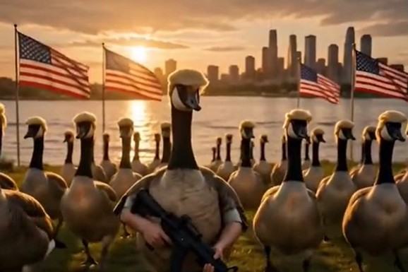 TRAMPOV NAJBIZARNIJI AI VIDEO DO SADA! Patke sa njegovom frizurom i automatskim puškama patroliraju "Jezerom Amerika": Internet gori zbog ovog snimka